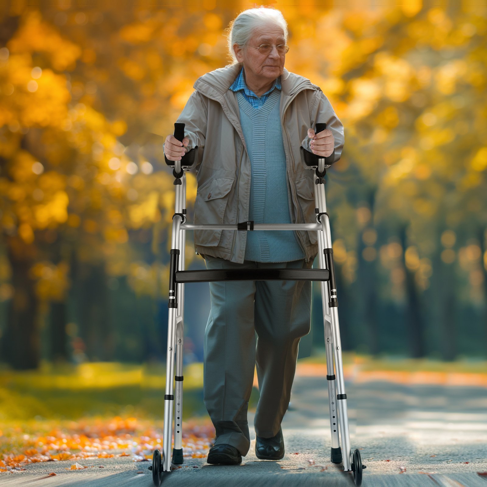 2 in 1 Folding Walker & Removable Armrests, Height Adjustable Foldable Walker with 5" Solid Wheels, Lightweight Aluminum | Front Wheeled Mobility Aid for Elderly Handicapped Disabled, 450 Pounds - Image 8