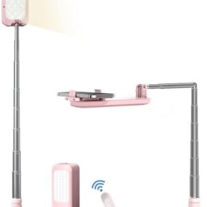 Selfie Stand with 360° Rotates Phone Holder, Foldable/Rechargeable/Wireless/Overhead Recording with 1000mah Battery for Live Stream/Make up/YouTube/Tiktok/Vlog, 7 Brightness LED Light(Pink)