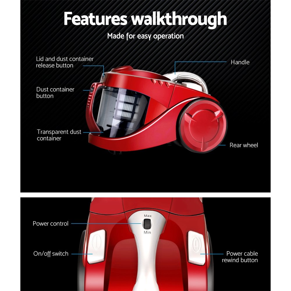 Devanti 2200W Bagless Vacuum Cleaner Red - Image 4