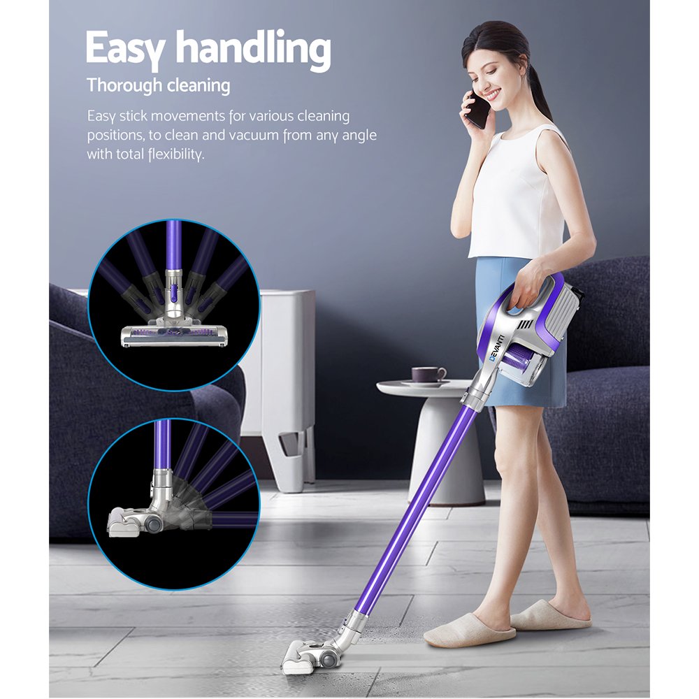 Devanti Stick Vacuum Cleaner Roller Brush Cordless 150W Purple - Image 3