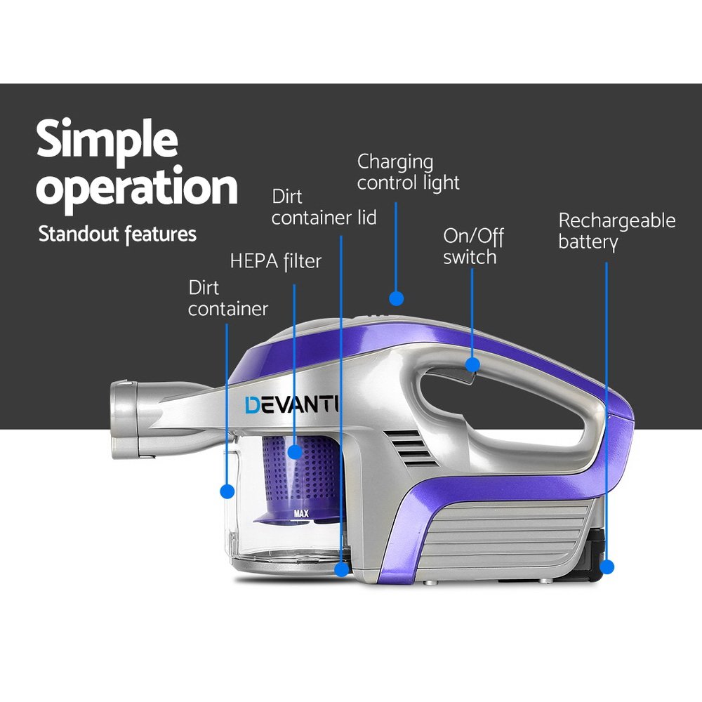 Devanti Stick Vacuum Cleaner Roller Brush Cordless 150W Purple - Image 4