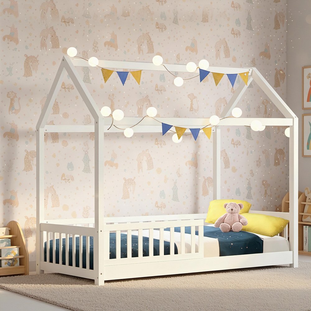 Artiss Bed Frame Wooden Kids House Frame White ROCK - Image 7